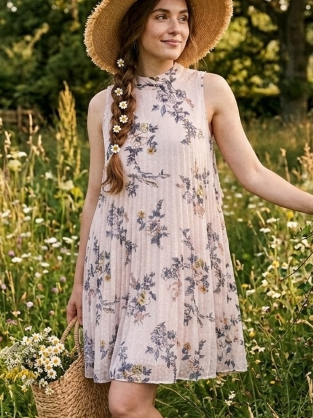 As U Wish Floral Mock Neck Trapeze Swing Dress Blush Pink Chiffon Sleeveless XL